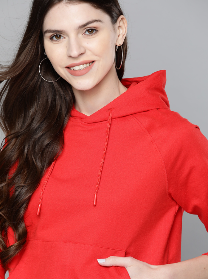 Ace Women Red Solid Hooded Sweatshirt