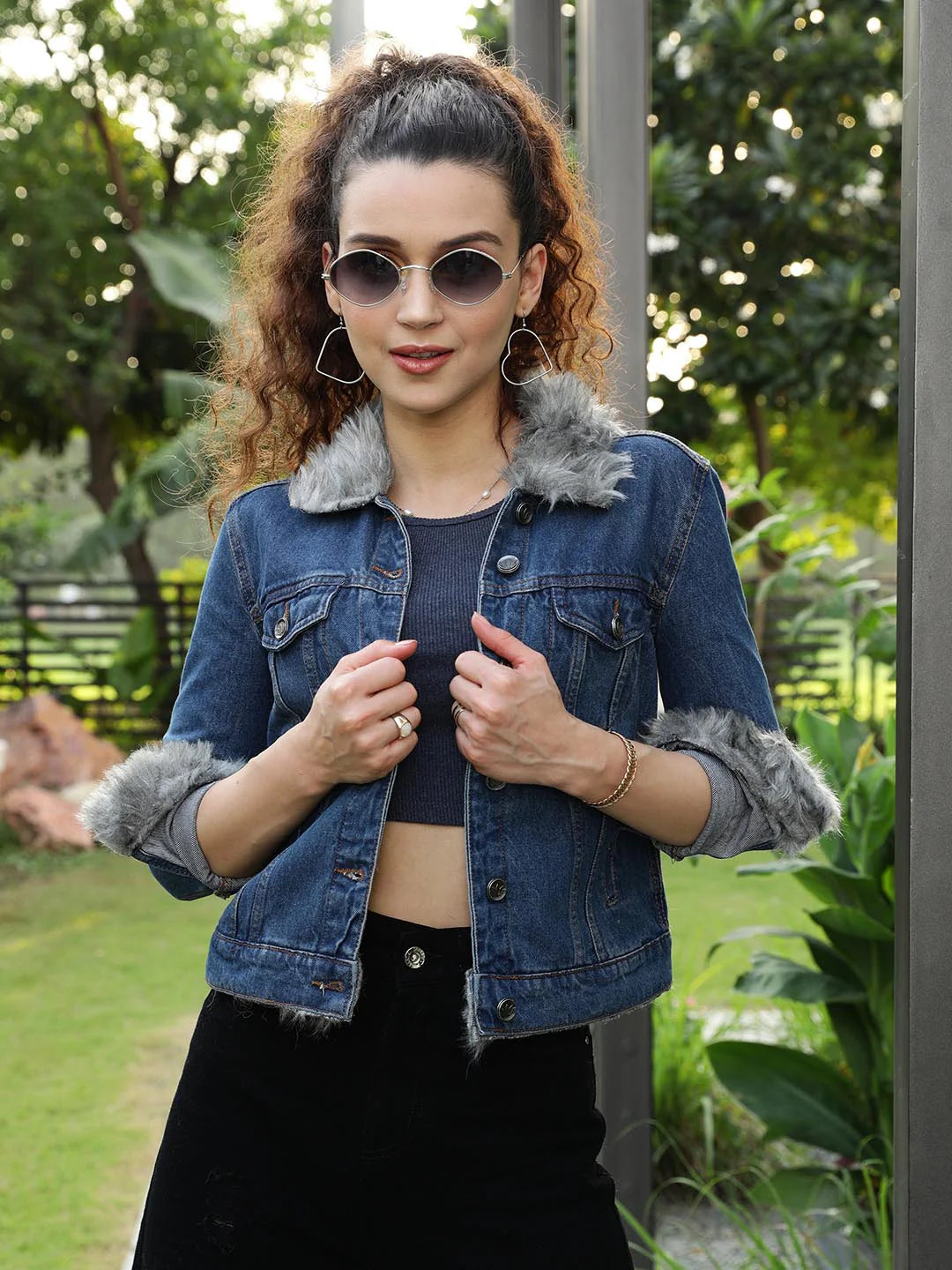 Buy Sherpa Grey Fur Women Denim Jacket Premium Winter Jackets