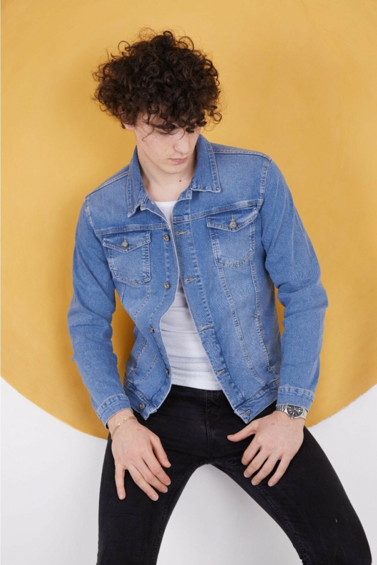 Buy Mid Blue Denim Jacket Stretchable for Men Stylish