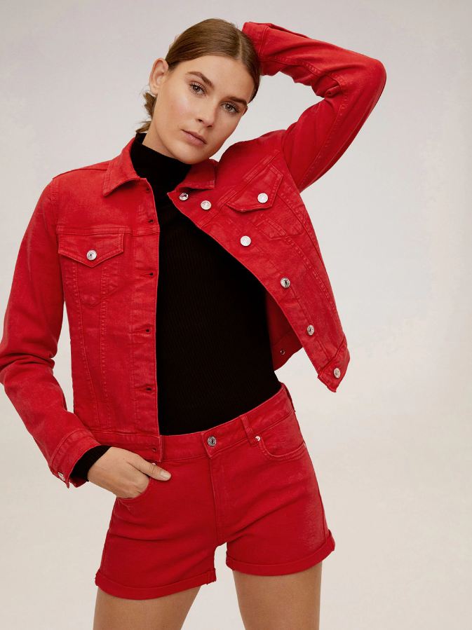 Women Red Solid Denim Jacket  - Front View - Available in Sizes S