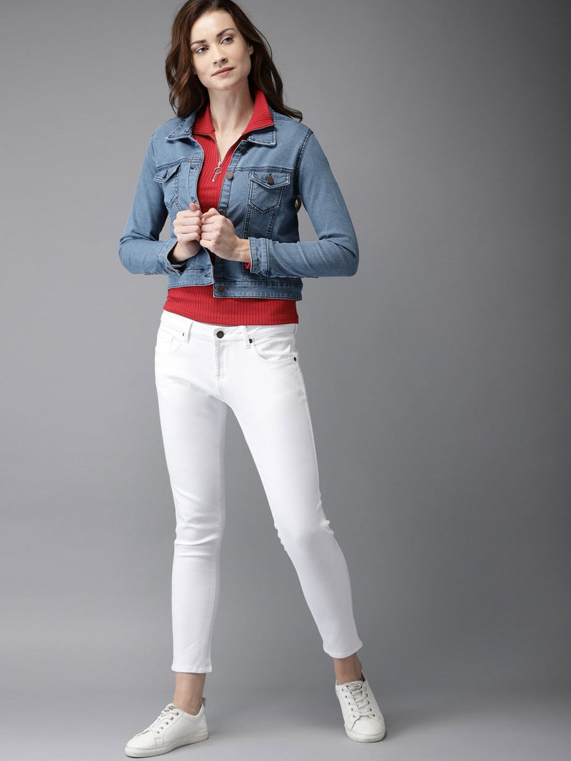 Women Blue Solid Crop Jacket  - Front View - Available in Sizes M