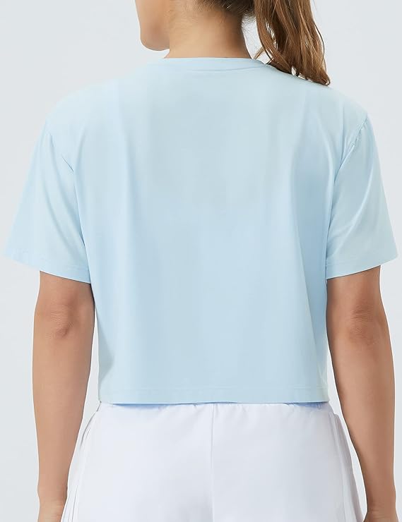 Women's Workout Crop Top T-Shirt Yoga Running Cropped Basic Tee Sky Blue - Back View - AceCart