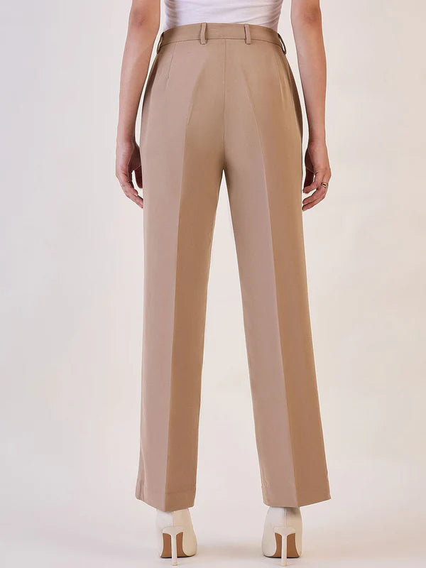 Brown Straight Fit High Waist Pin Tuck Trouser Pants
