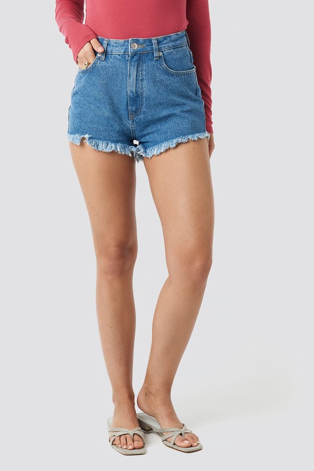 Fringe Hem Short Denim Shorts Blue For Womens - Back View - AceCart
