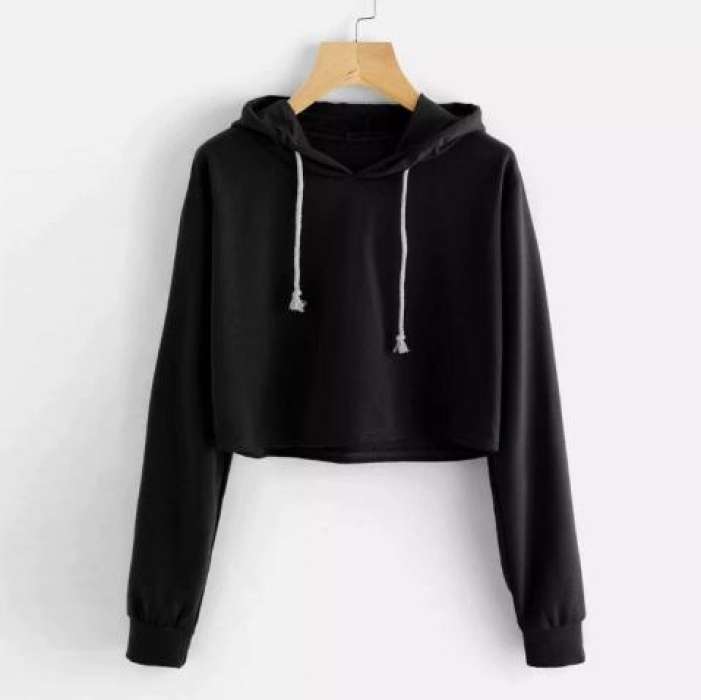 Black Pullover Croped Hoodie For Women Long Sleeve - AceCart Warm Hooded Sweatshirt in Black