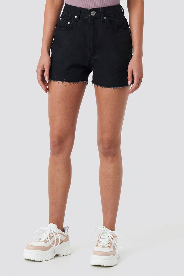 Raw Hem High Waist Denim Shorts Black For Womens  - Left Side View - AceCart