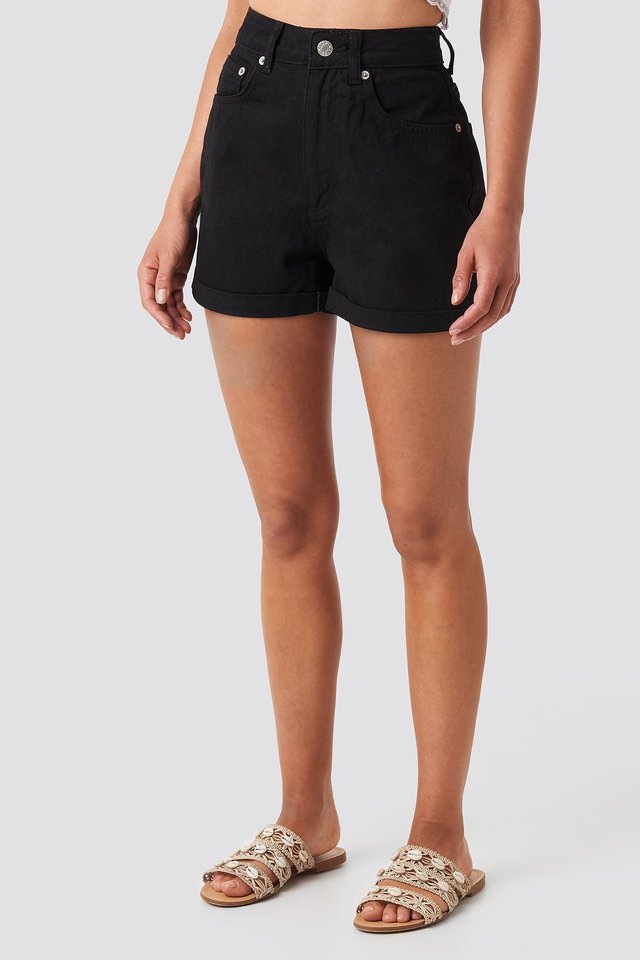 Folded Hem High Waist Denim Shorts Black For Womens  - Back View - AceCart