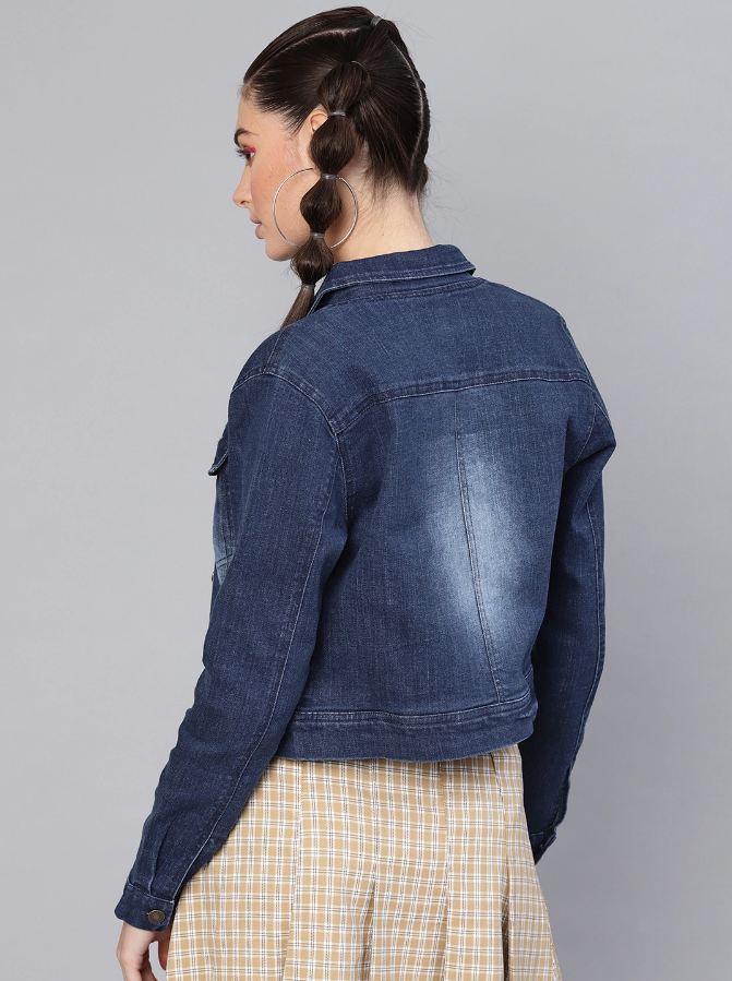 Women Dark Blue Solid Jacket  - Front View - Available in Sizes XL