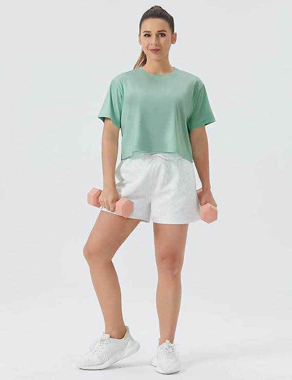 Women's Workout Crop Top T-Shirt Yoga Running Cropped Basic Tee Light Green