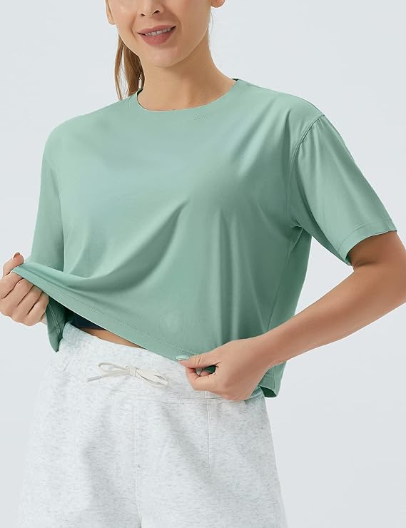 Women's Workout Crop Top T-Shirt Yoga Running Cropped Basic Tee Light Green