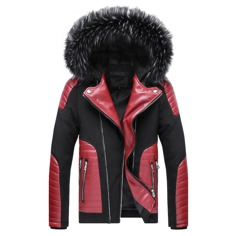 Men’s Black Biker Genuine Sheepskin Detachable Hood Faux Fur Red Quilted Design Motorcycle Rider Parka Warm Leather Jacket  - Back View - AceCart