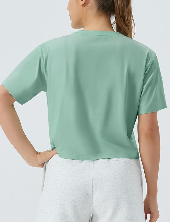 Women's Workout Crop Top T-Shirt Yoga Running Cropped Basic Tee Light Green - Back View - AceCart