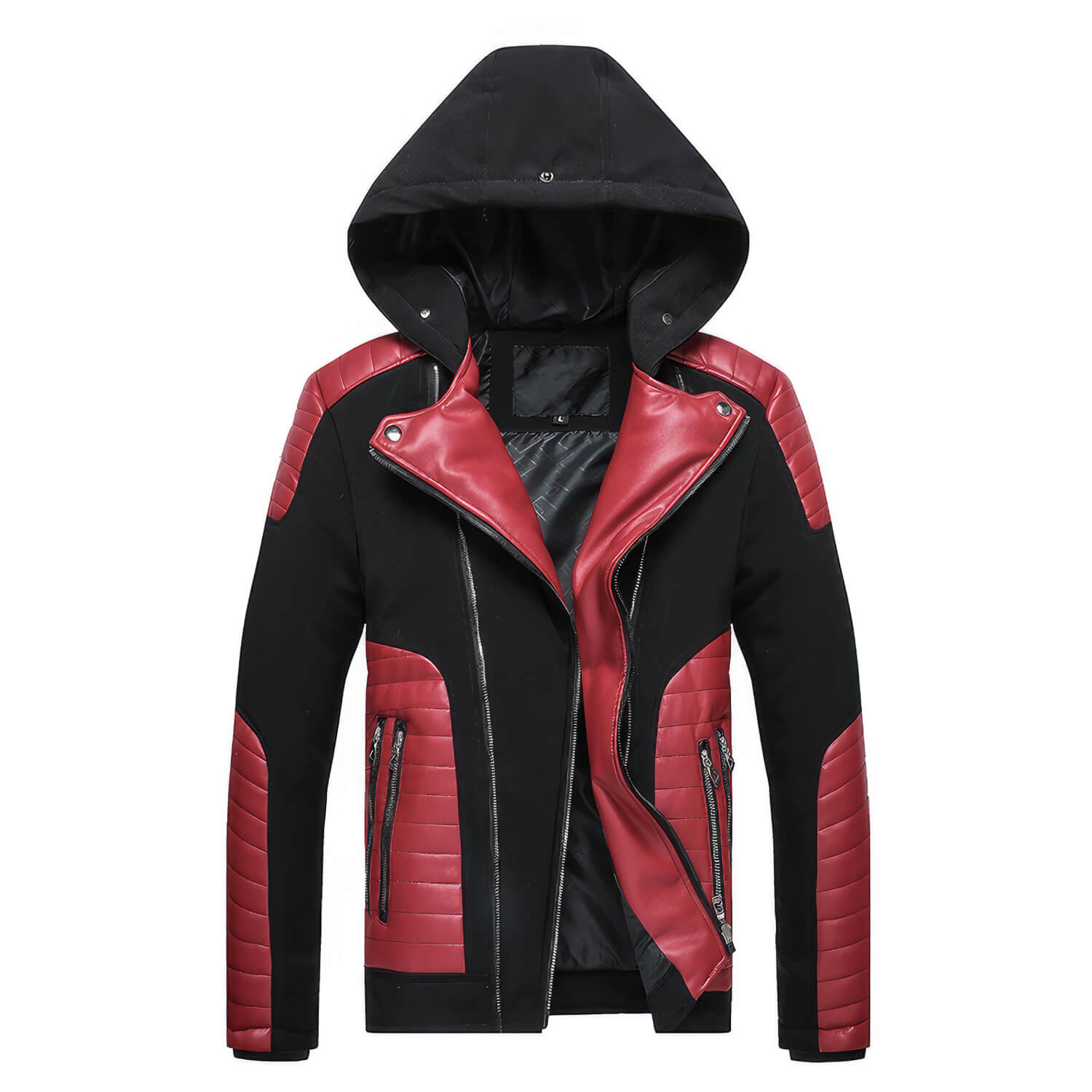 Men’s Black Biker Genuine Sheepskin Detachable Hood Faux Fur Red Quilted Design Motorcycle Rider Parka Warm Leather Jacket XS Black