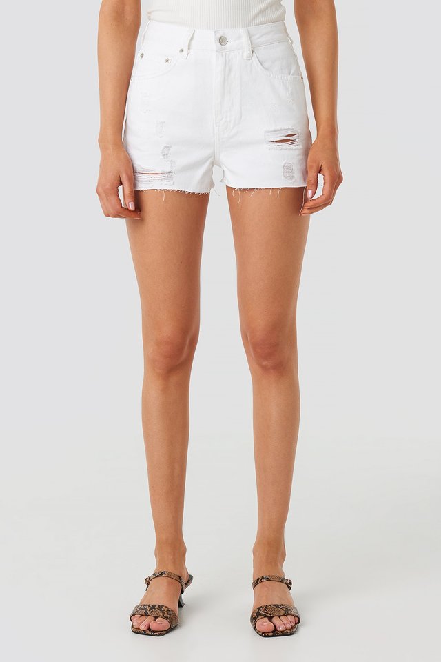 Destroyed High Waist Denim Shorts White For Womens  - Side View - AceCart