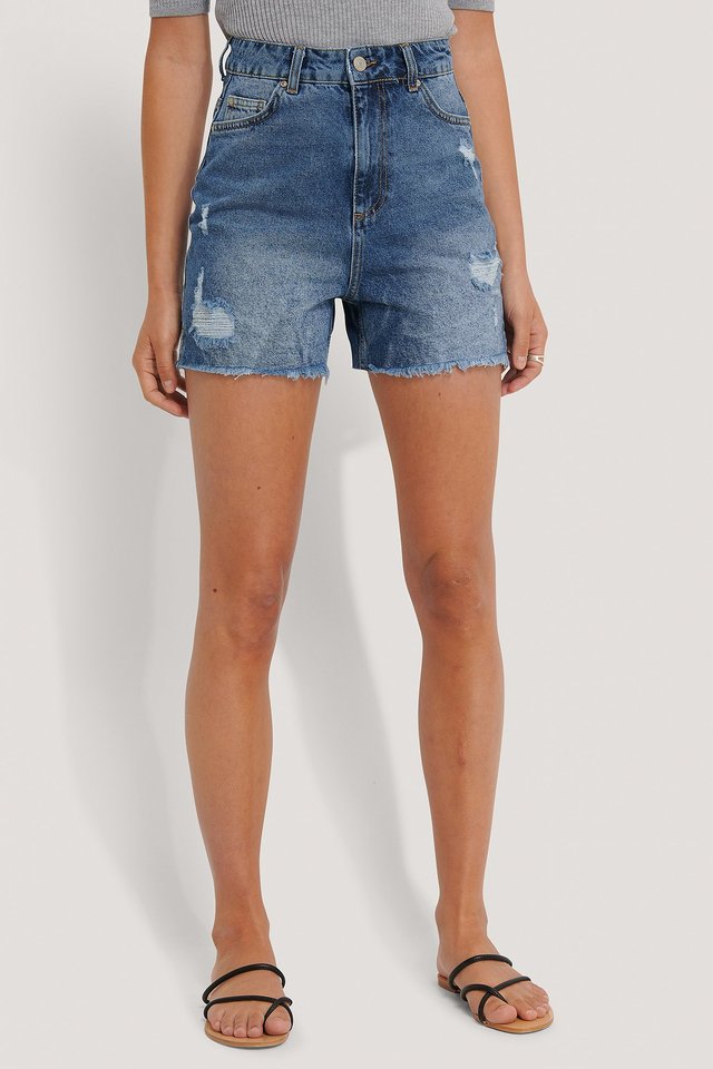 Raw Hem Denim Shorts ACE8 Blue For Womens  - Right Side View - AceCart
