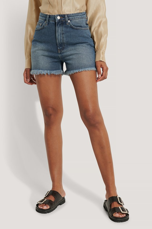 Raw Hem Denim Shorts ACE7 Blue For Womens  - Right Side View - AceCart