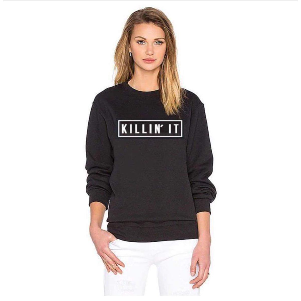 Black Killin It Fleece Full Sleeves Pull Over Sweatshirt For Women