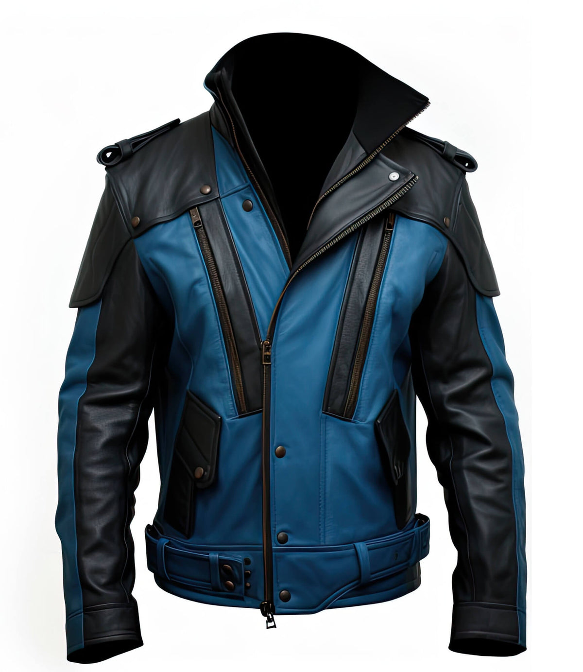 Men’s Blue Black Genuine Sheepskin Shirt Collar Asymmetric Belted Elegant Fashionable Military Style Leather Jacket - Front View - AceCart