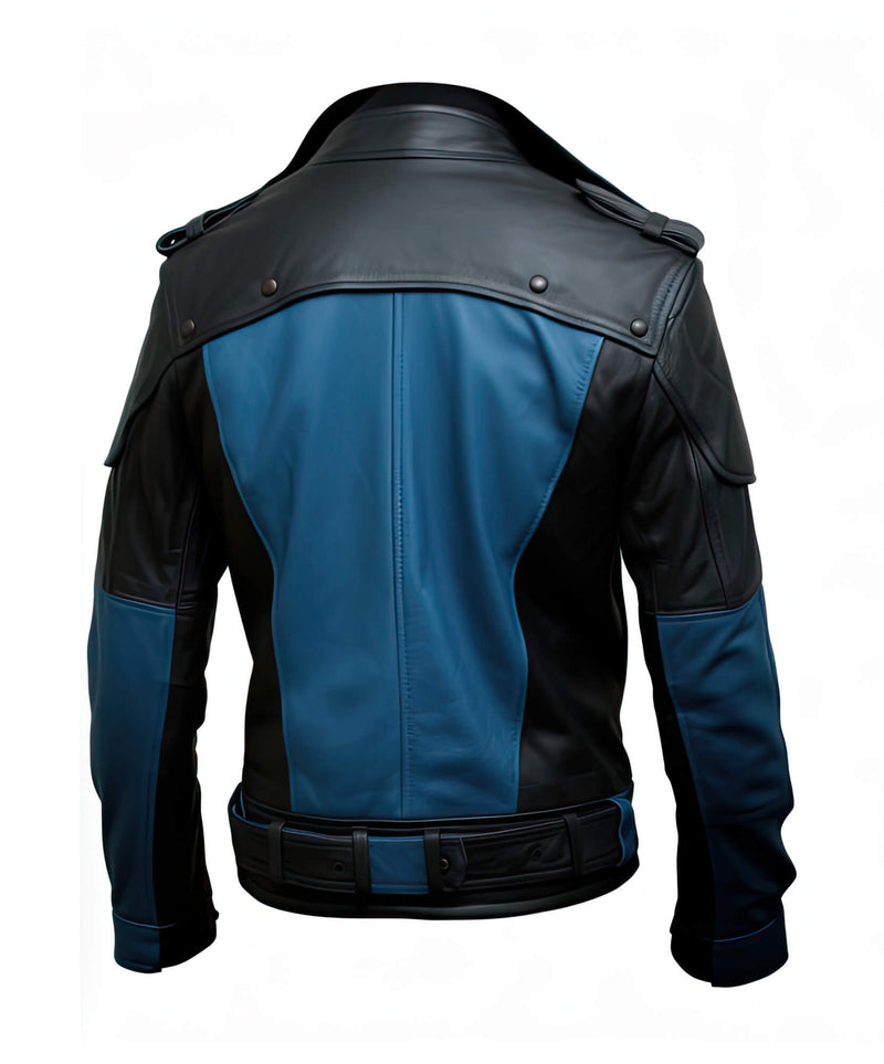 Men’s Blue Black Genuine Sheepskin Shirt Collar Asymmetric Belted Elegant Fashionable Military Style Leather Jacket - Back View - AceCart