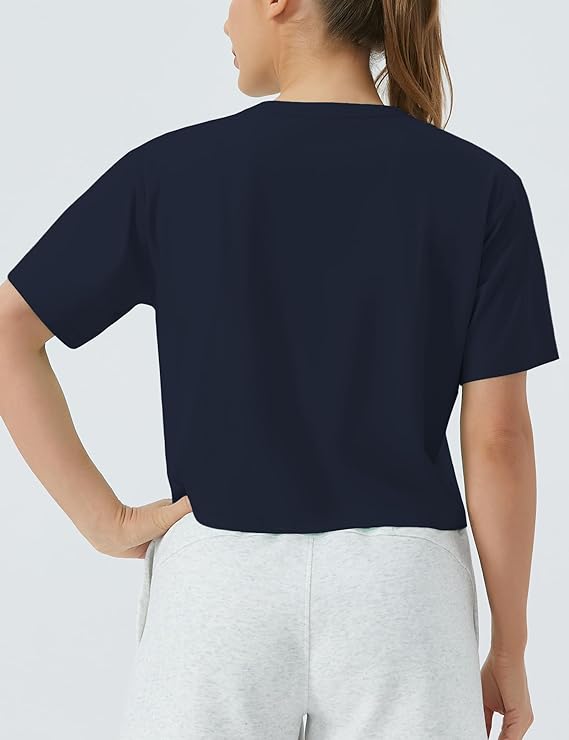 Women's Workout Crop Top T-Shirt Yoga Running Cropped Basic Tee Navy Blue - Back View - AceCart
