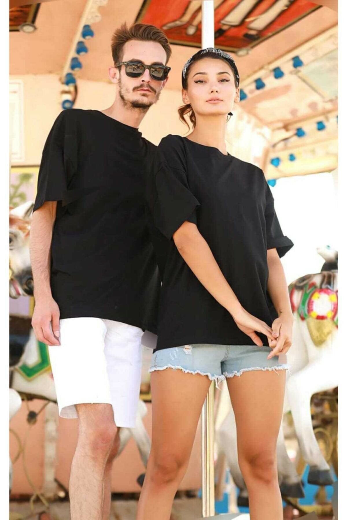Pack Of 2 Basic Couple T-Shirt Black - Front View - AceCart