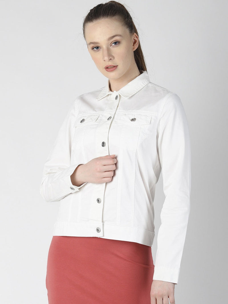 Women White Solid Jacket  - Front View - Available in Sizes M