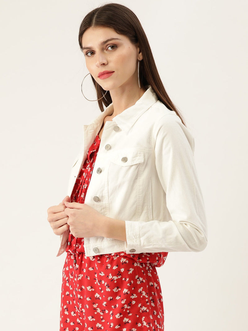 Women White Solid Crop Jacket  - Front View - Available in Sizes M