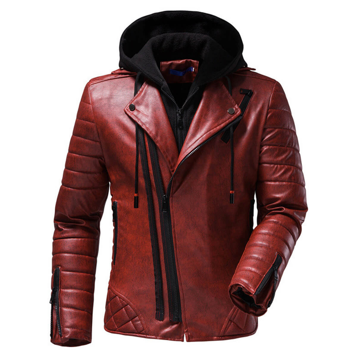 Men’s Vintage Distressed Maroon Biker Genuine Sheepskin Lapel Collar Hooded Motorcycle Rider Crossover Retro Quilted Asymmetric Leather Jacket - Front View - AceCart