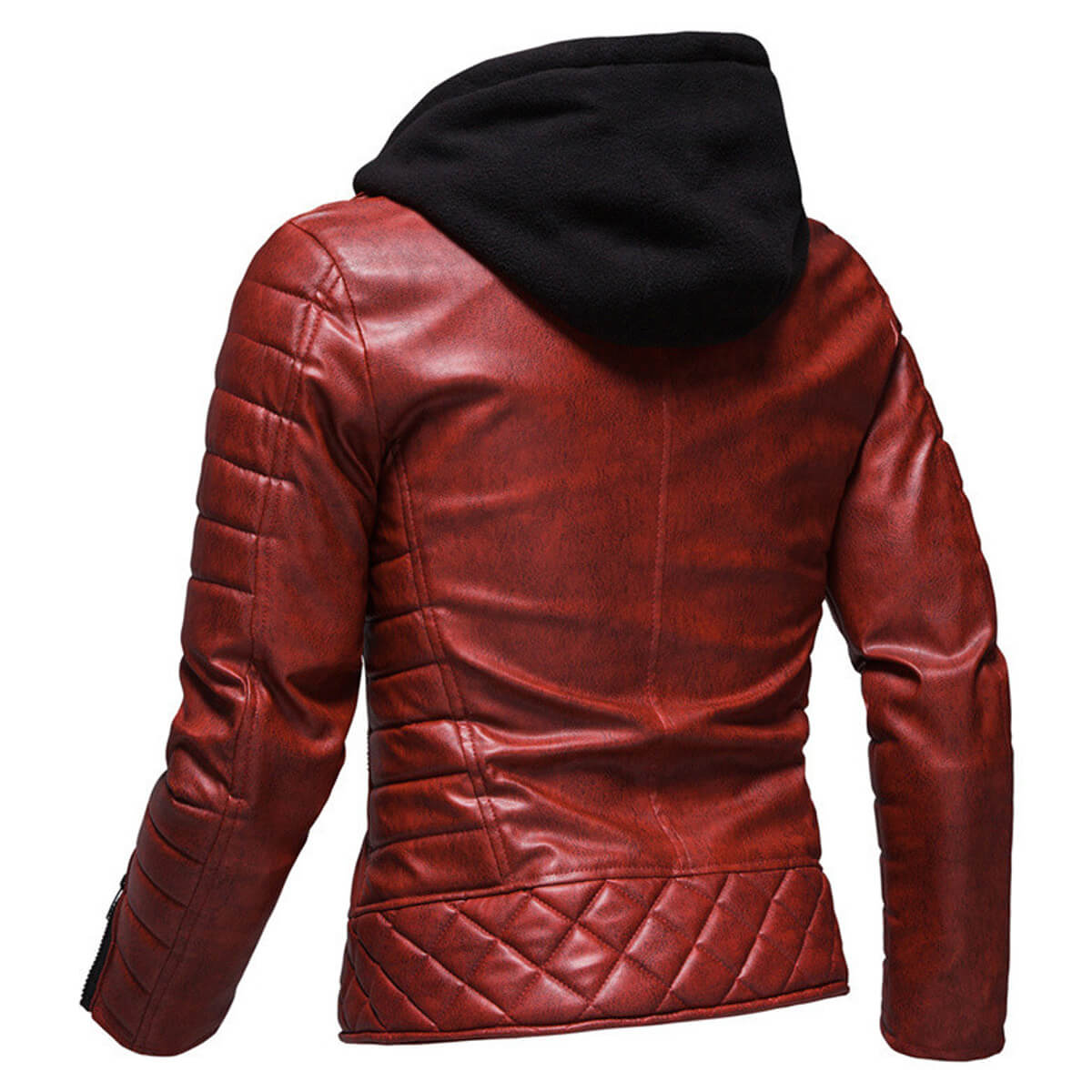 Men’s Vintage Distressed Maroon Biker Genuine Sheepskin Lapel Collar Hooded Motorcycle Rider Crossover Retro Quilted Asymmetric Leather Jacket