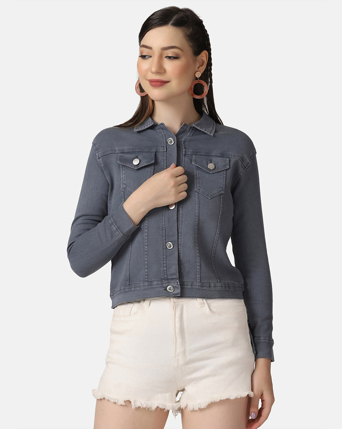 Shop Button-Down Grey Denim Jacket for Womens Stylish