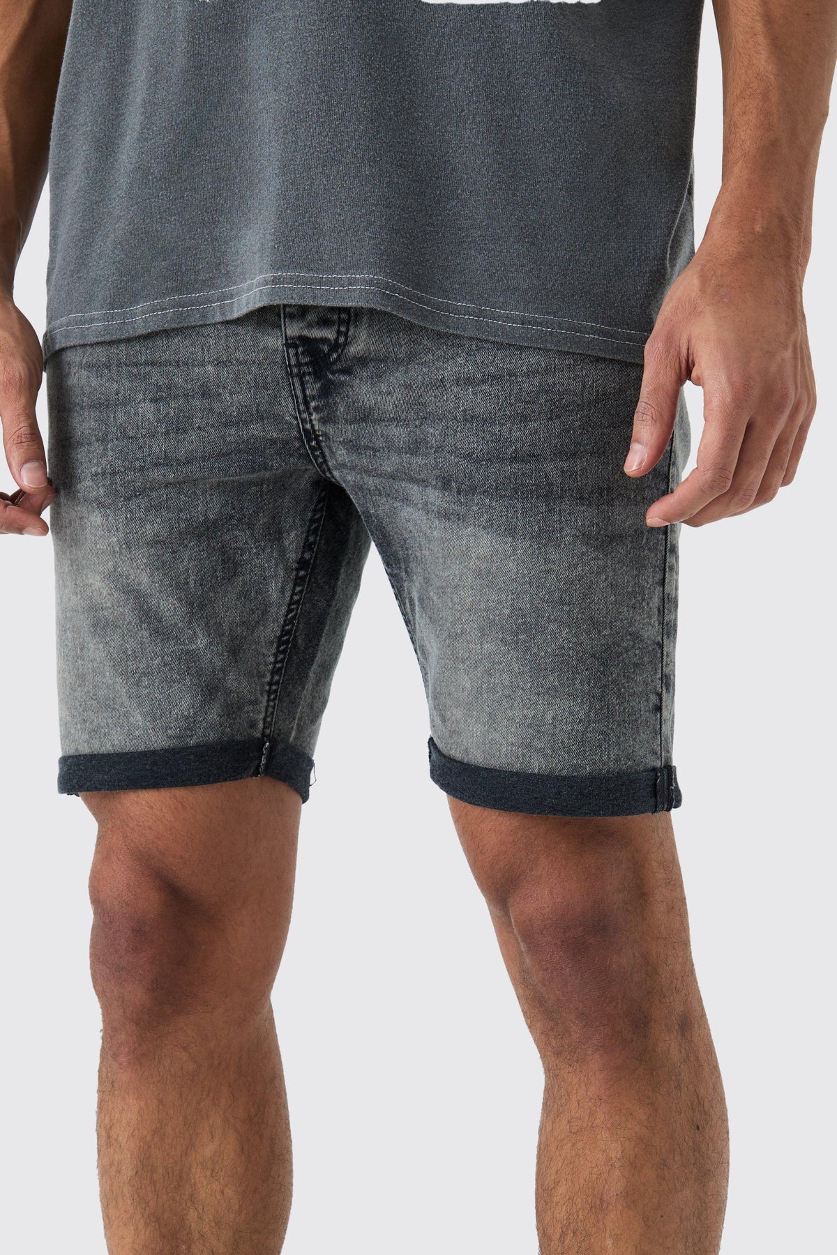 Skinny Stretch Denim Shorts In Charcoal