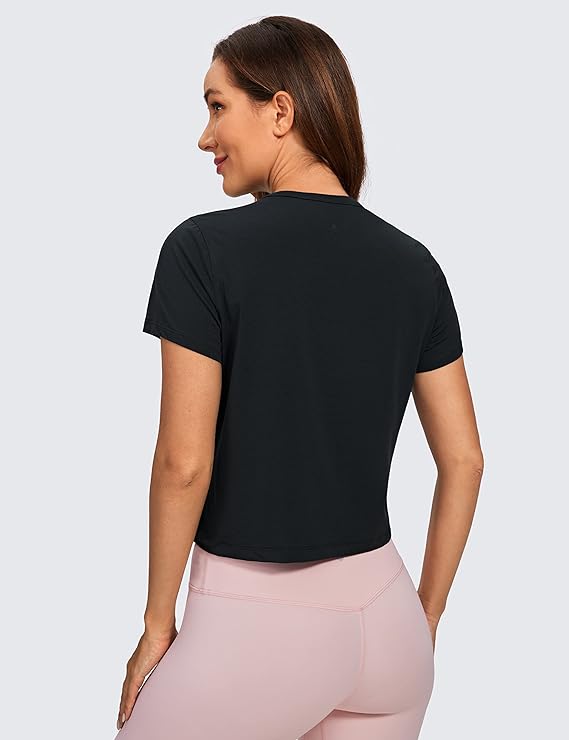 Women's Workout Crop Top T-Shirt Yoga Running Basic Tee Black - Back View - AceCart