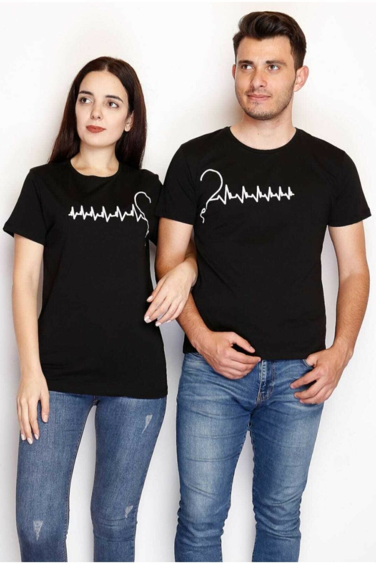 Pack of 2 Basic Couple Printed T-Shirt Black - Front View - AceCart