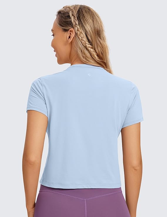 Women's Workout Crop Top T-Shirt Yoga Running Basic Tee Sky Blue - Back View - AceCart