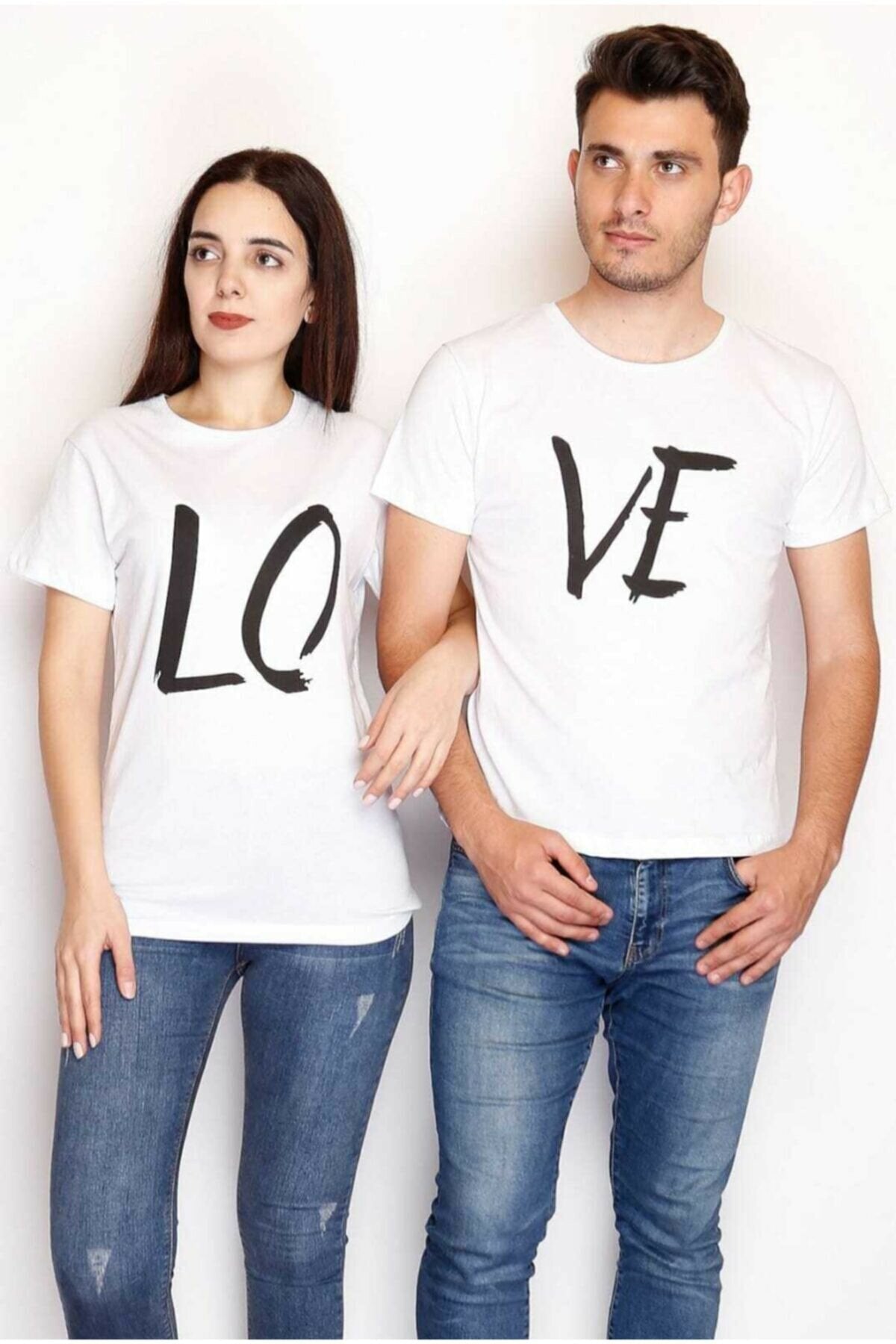 Pack of 2 Basic Couple Printed T-Shirt White - Front View - AceCart