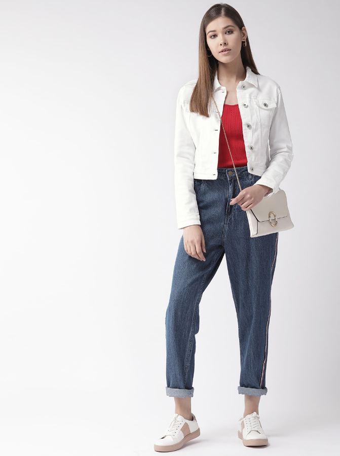 Women White Solid Denim Jacket  - Front View - Available in Sizes S