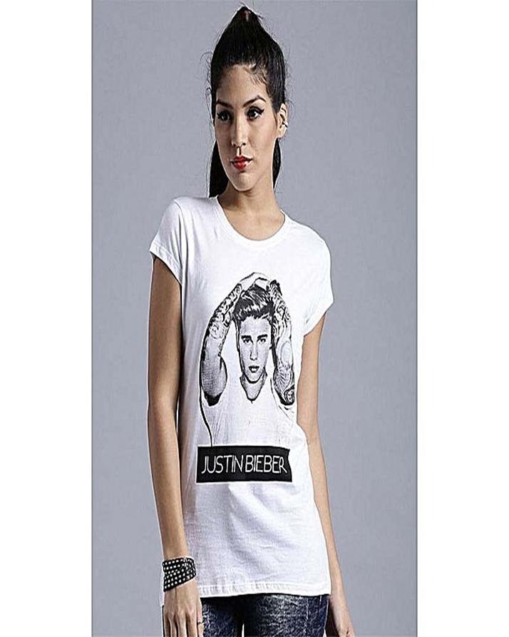 White Justin Bieber Cotton Printed T-Shirt For Women - Front View - AceCart