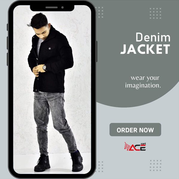 Best Quality Stretchable Denim Jacket for Men By Ace Black - Front View