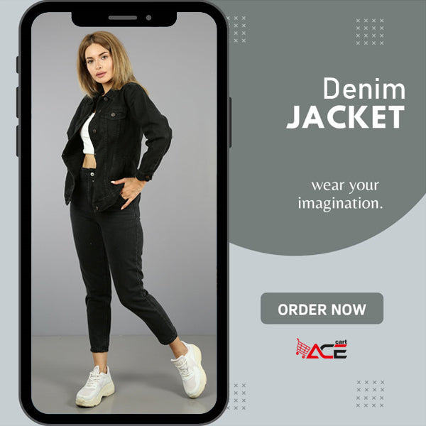 Best Quality Stretchable Denim Jacket for Women By Ace Black - Front View