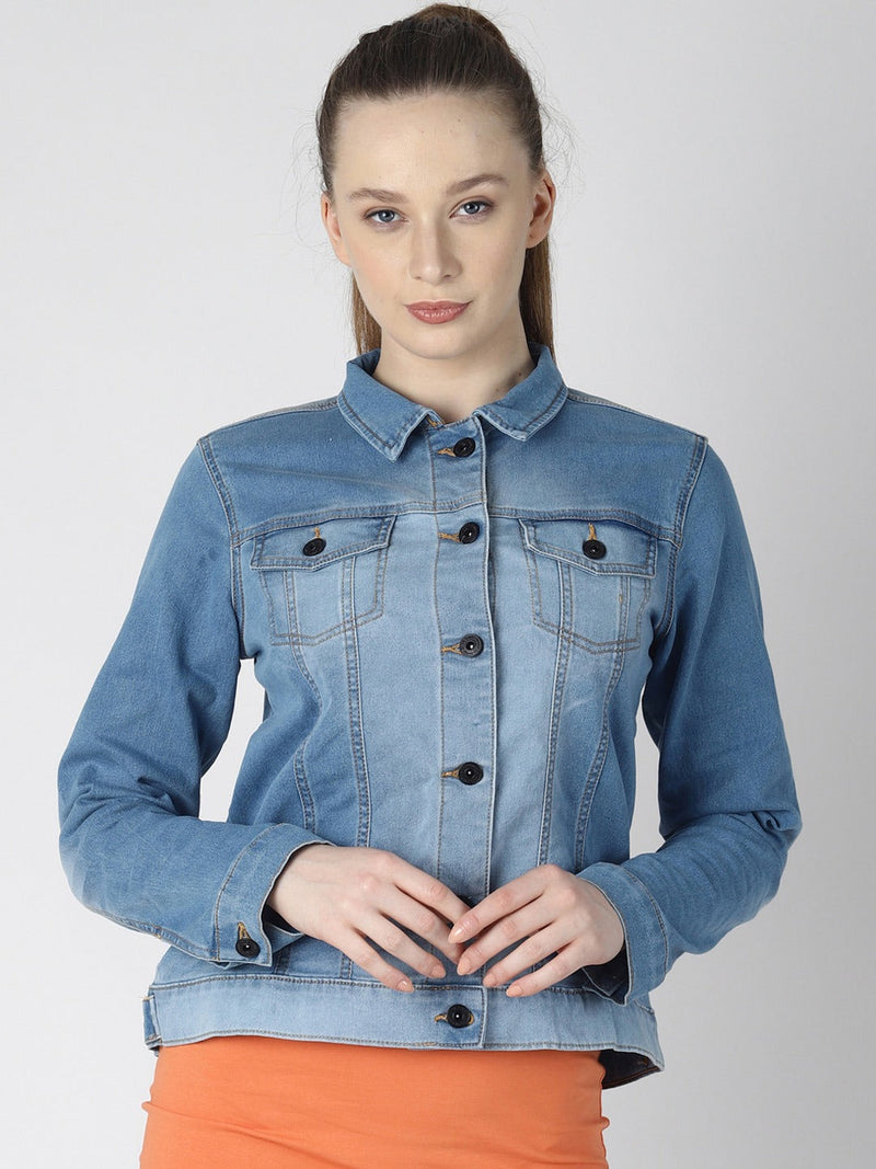 Women Blue Solid Jacket  - Front View - Available in Sizes M