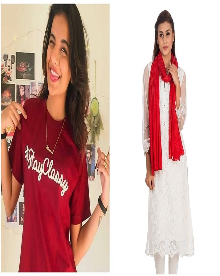 Pack of 2 - Red Printed T-Shirt With Red Cotton Stole - Front View - AceCart