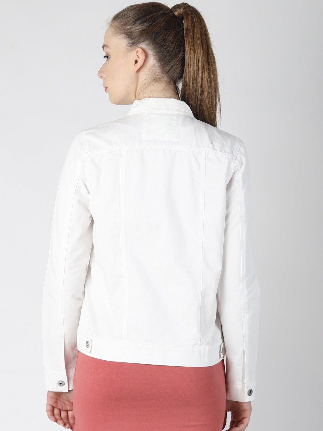 Women White Solid Jacket  - Front View - Available in Sizes XL