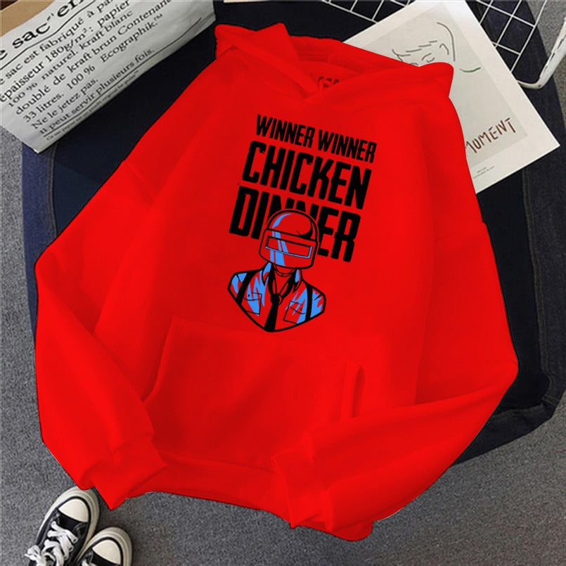 Red Pubg Winner Chicken Dinner Printed Fleece Full Sleeves Pull Over Hoodie For Men