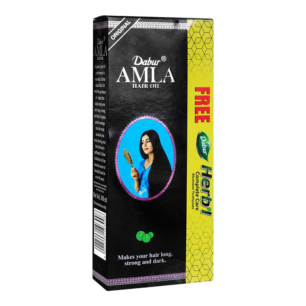 Dabur Amla Hair Oil, 300ml + Free Herbal Complete Care Tooth Paste - Front View