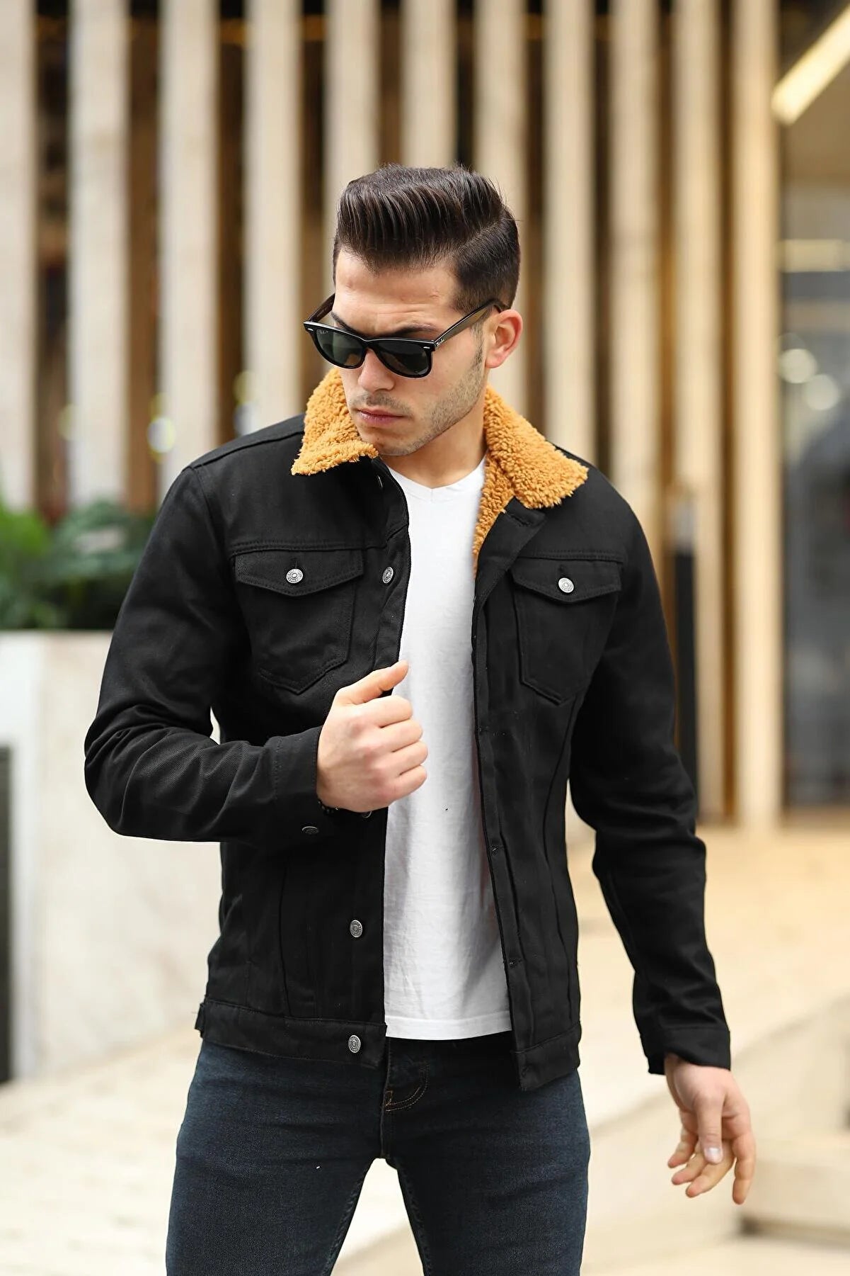 Full Brown Fur Black Denim Jacket For Mens S Black