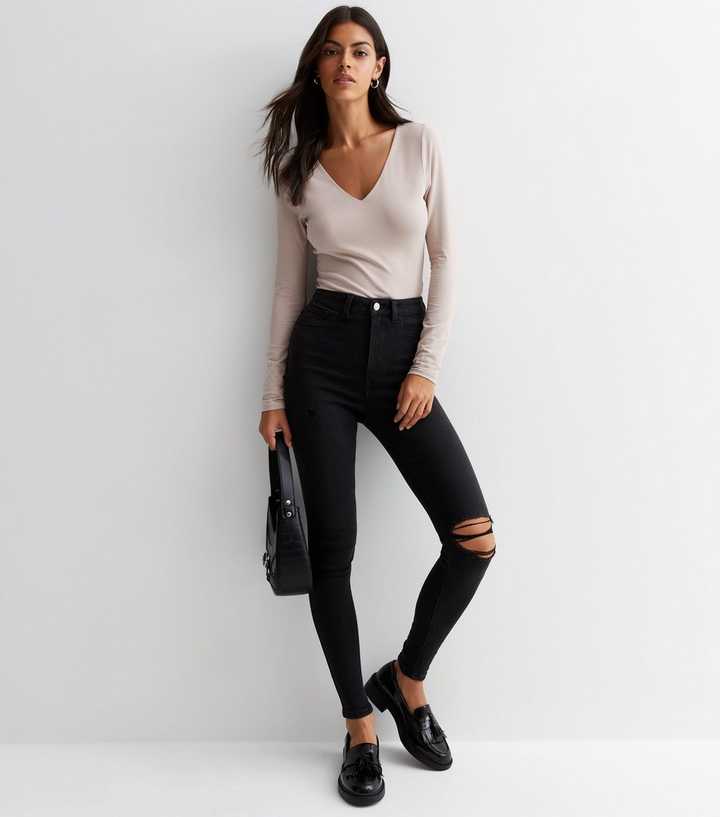 Black High Waist Ripped Knee Skinny Jeans - Front View - AceCart