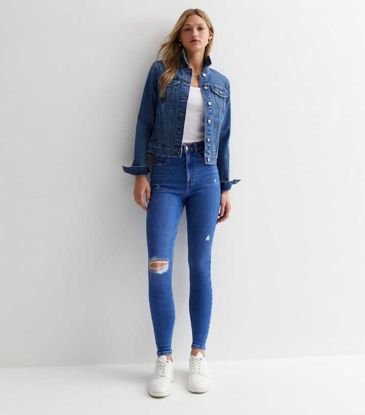 Bright Blue High Waist Ripped Knee Super Skinny Jeans - Front View - AceCart