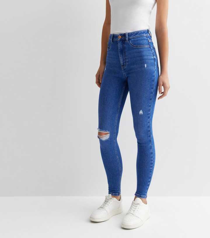 Bright Blue High Waist Ripped Knee Super Skinny Jeans