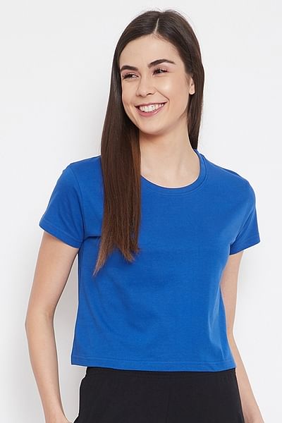Basic Cropped Casual Tee in Royal Blue - 100% Cotton