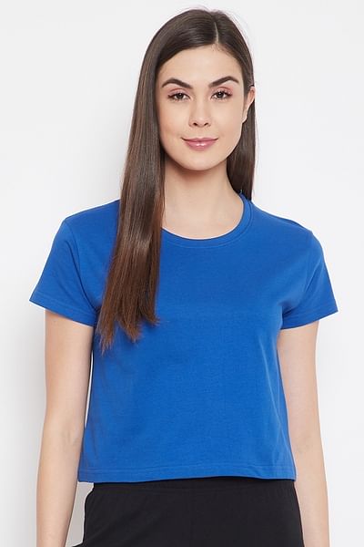 Basic Cropped Casual Tee in Royal Blue - 100% Cotton
